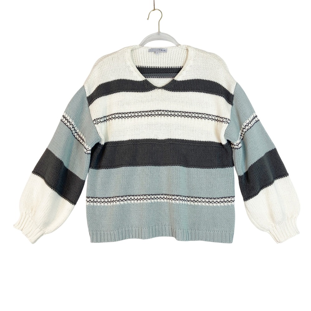 BALTIC BORN Striped V Neck Sweater Women Size S‎ Balloon Sleeve Pullover Knit